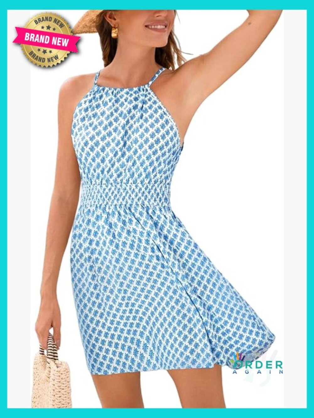 Geo Halter Mini Summer Dress Smocked Waist A Line Casual Beach Sundress